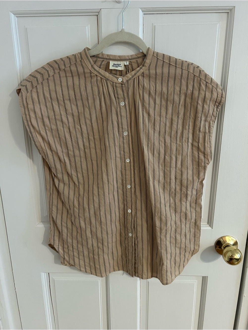 Hartford Tan Striped Band-Collar Button-Down Shirt